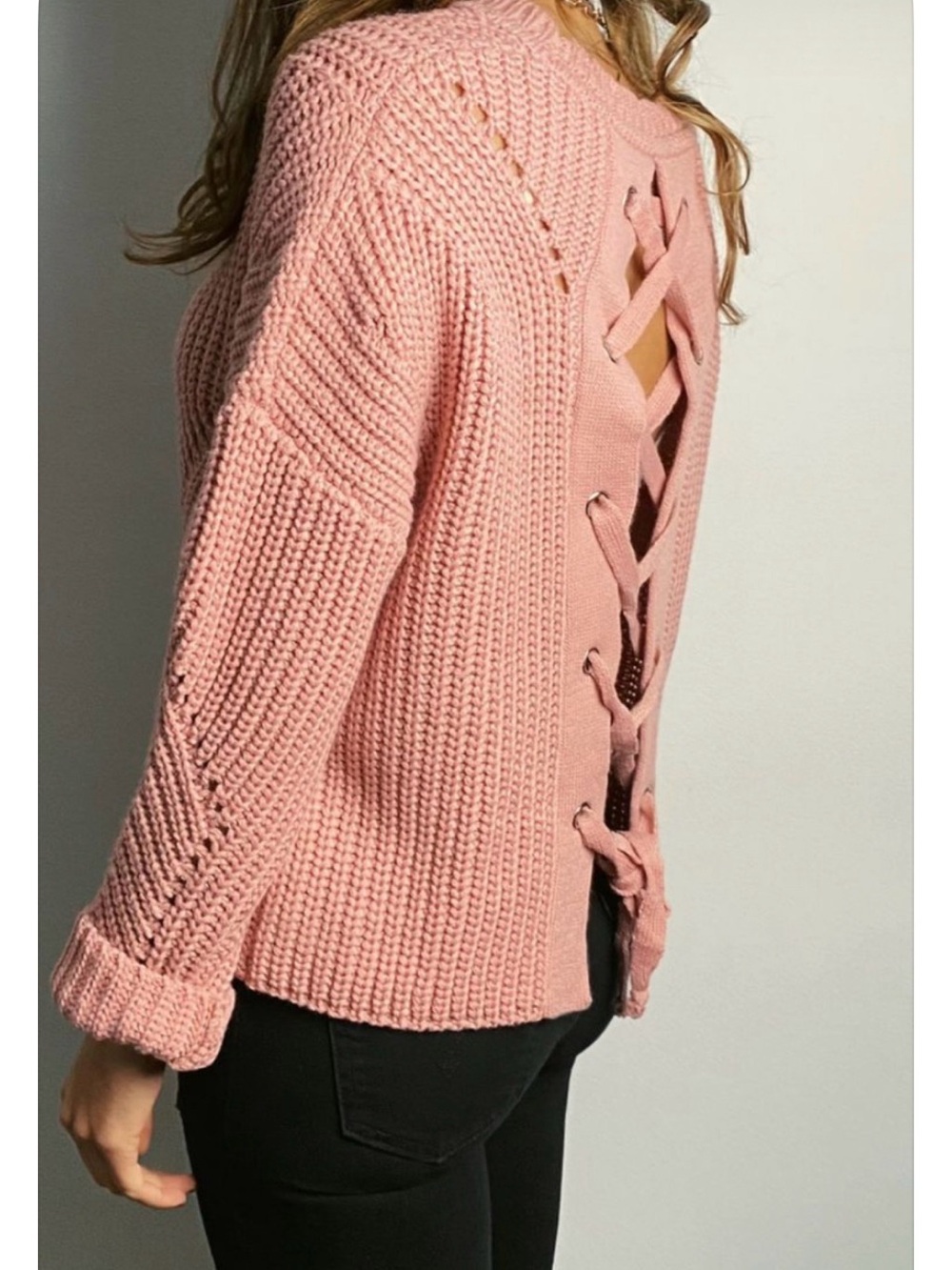 Open-Back Lace-Up Pink Knit Sweater
